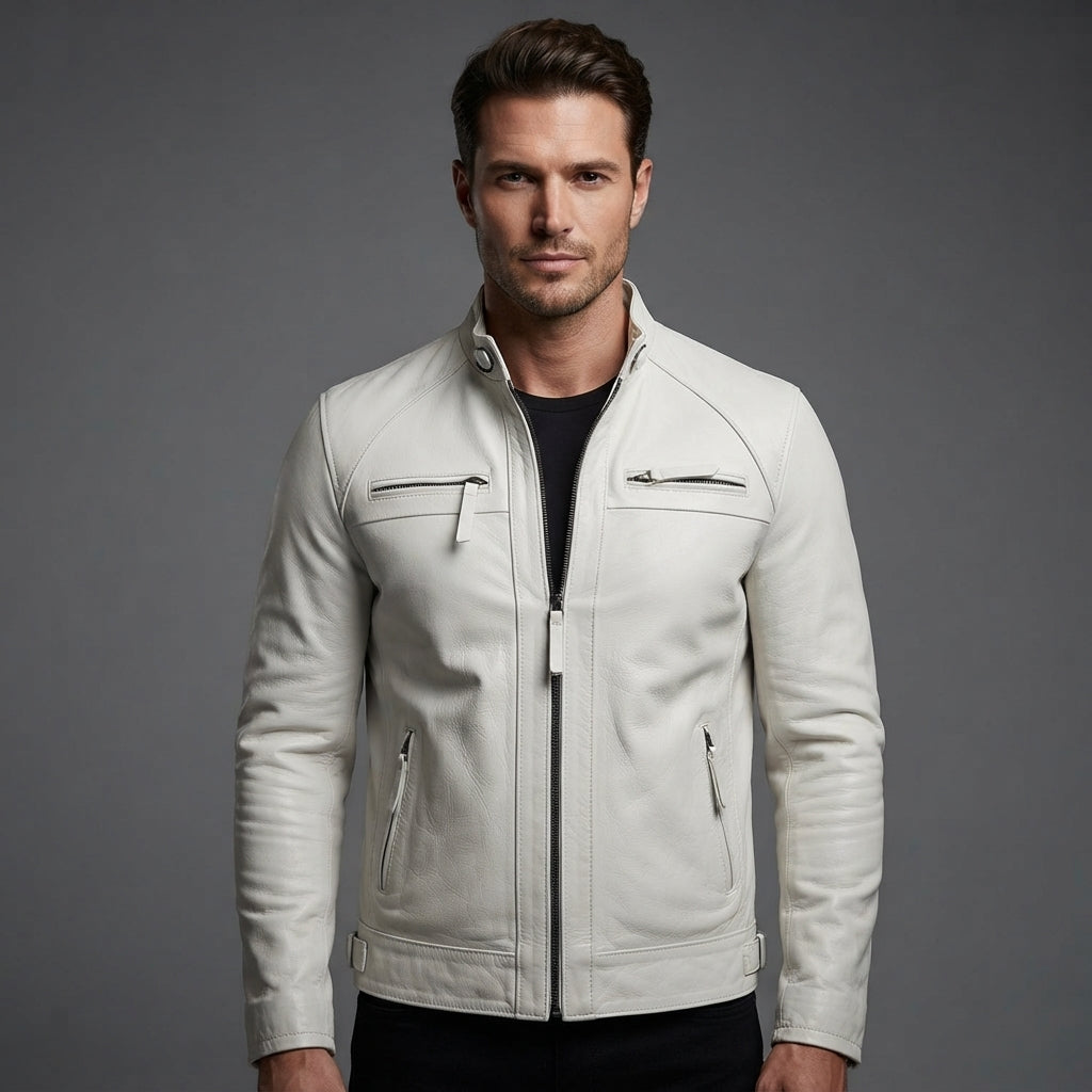 Men's Classic White Leather Cafe Racer Jacket