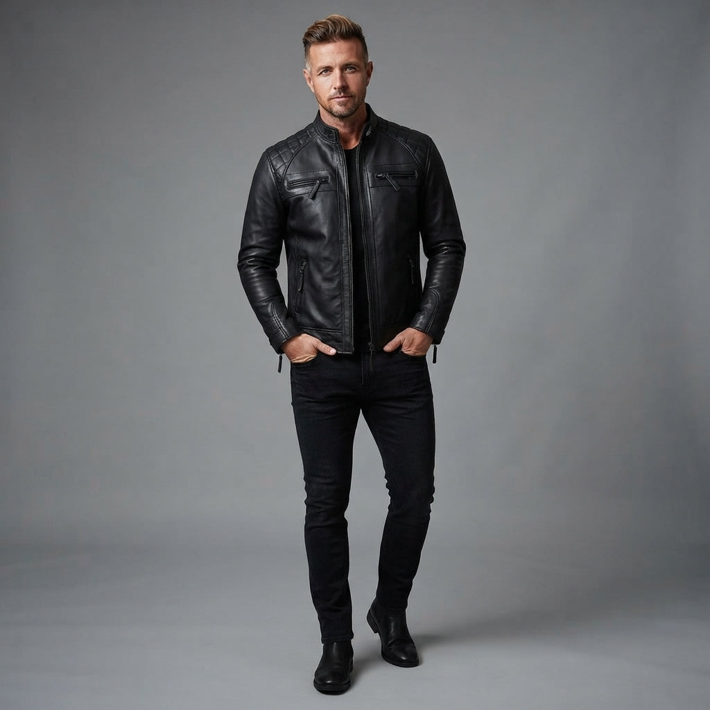 Men's Premium Black Cafe Racer Jacket