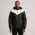 Buy Black-White Hooded Bomber Leather Puffer Jacket