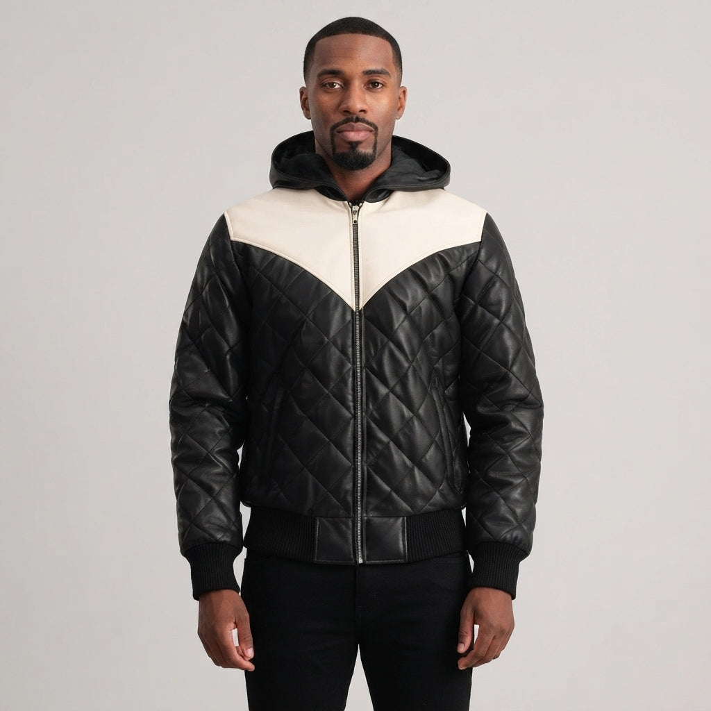 Buy Black-White Hooded Bomber Leather Puffer Jacket