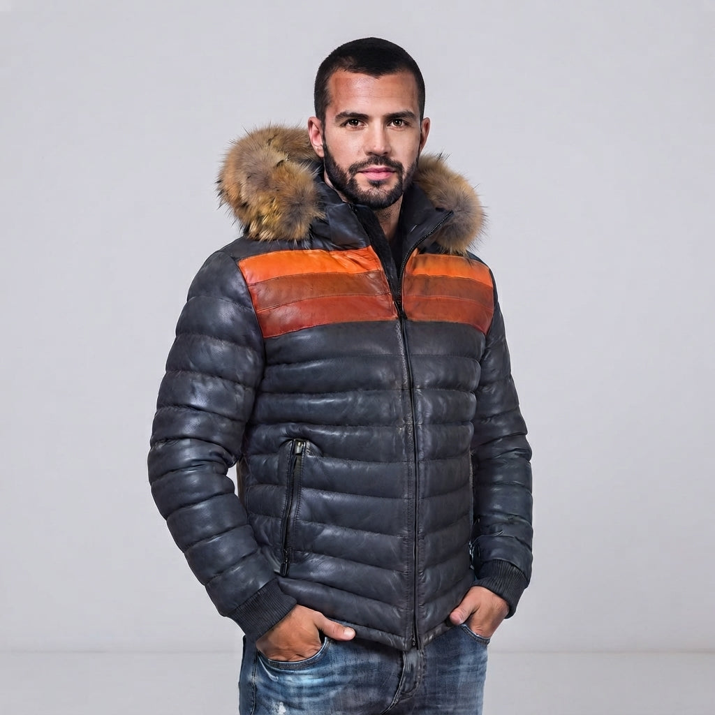 Men's Grey & Orange Down Leather Jacket