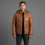 Men's Waxed Brown Hooded Leather Puffer Jacket