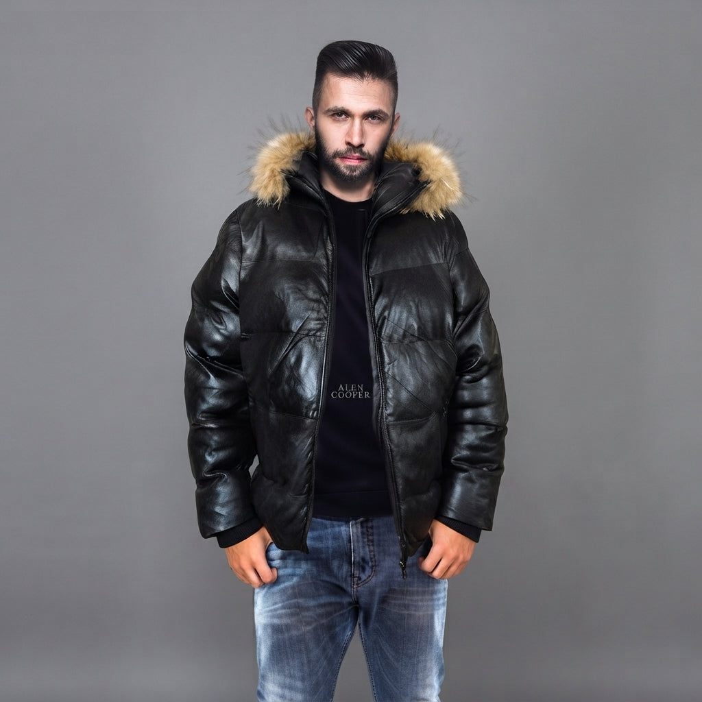 Men's Black & Skin Down Leather Jacket