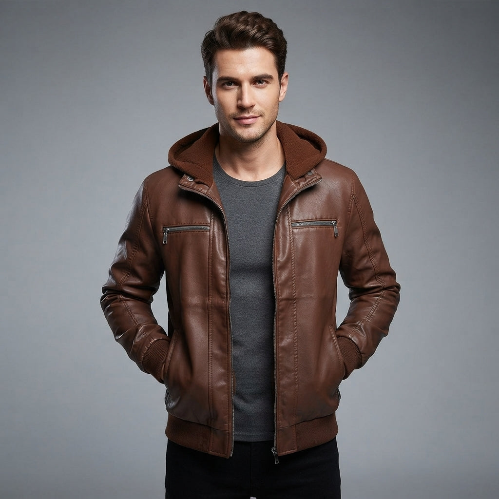 Men's Ethan Brown Hooded Leather Jacket