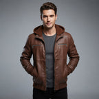 Men's Brown Leather Hooded Jacket