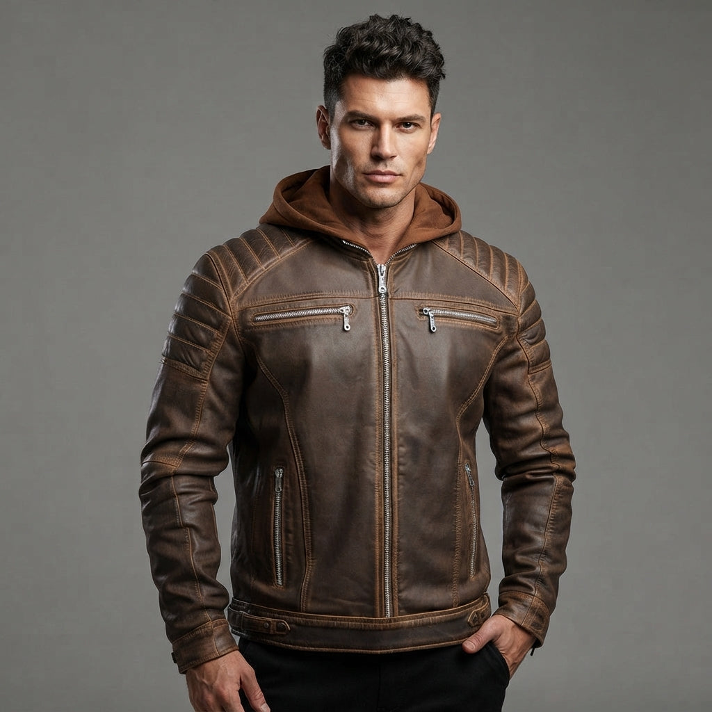 Men's Voguish Brown Detachable Hooded Leather Jacket