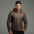 Men's Brown Leather Hooded Jacket