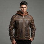 Men's Brown Leather Hooded Jacket