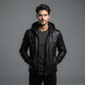 Men's Brown Leather Hooded Jacket