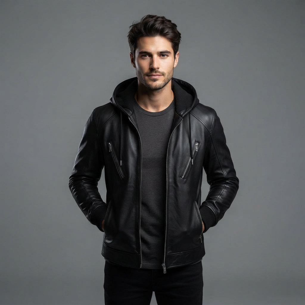 Men's Brown Leather Hooded Jacket
