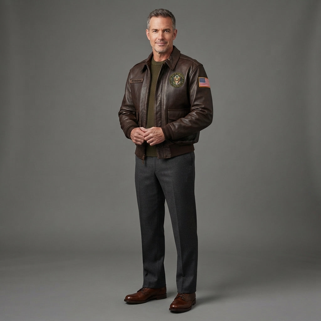 Men's Brown Leather Military Jacket