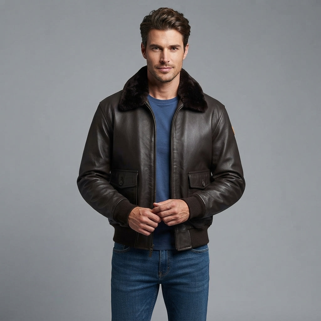 Men's Brown Leather Military Jacket