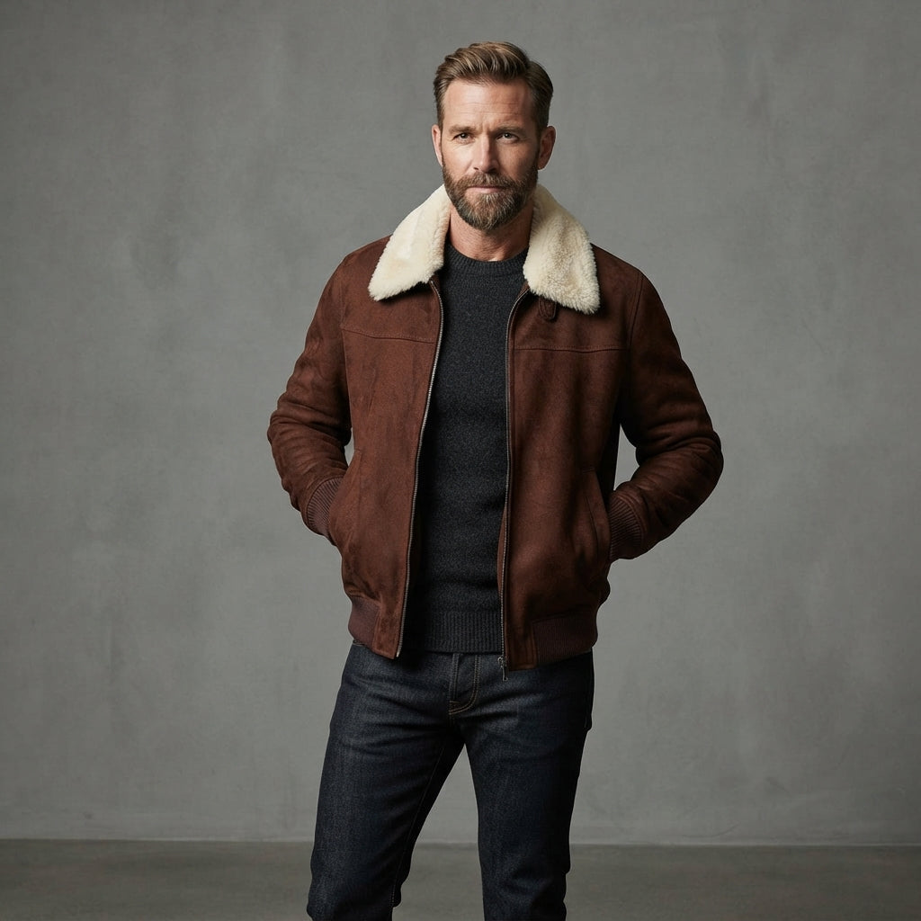 Buy Men's Suede Genuine Leather Bomber Jacket