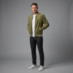 New Men's Real Olive Green Suede Leather Bomber Jacket