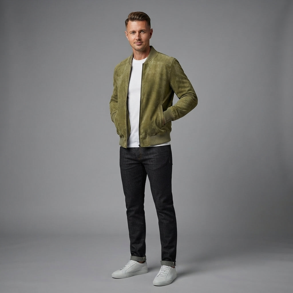 Men's Olive Green Suede Leather Bomber Jacket - Leather Outlet