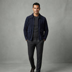 Men Navy Suede Bomber Jacket with Pocket
