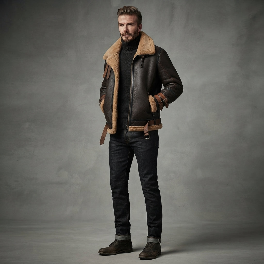 Men's Aviator Dark Brown Leather Sheepskin Jacket