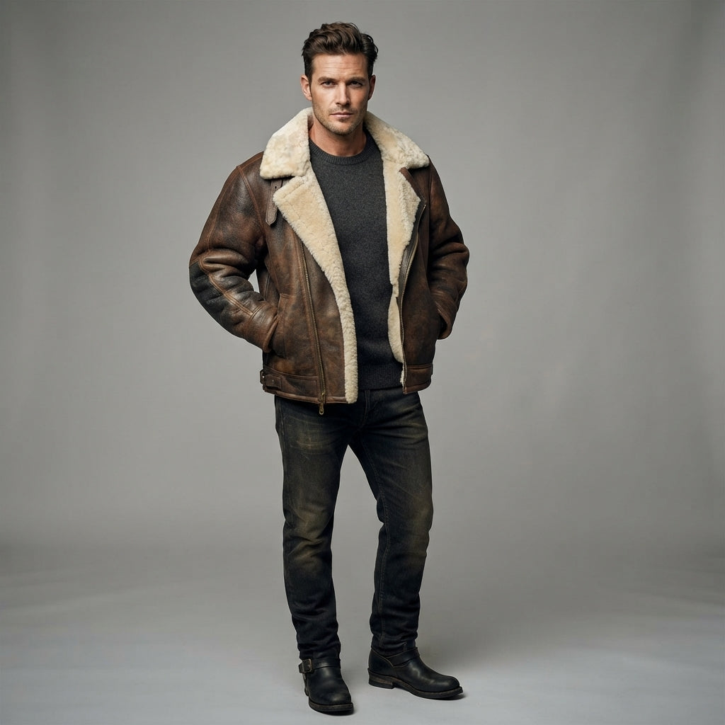 Men's Sheepskin Aviator Style Flying Jacket