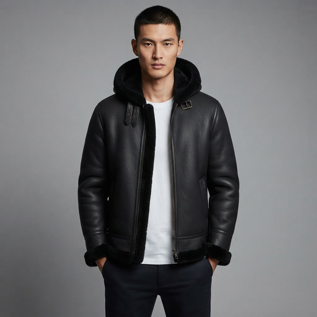 Men's Sheepskin Leather Hoodie With Faux Fur Jacket