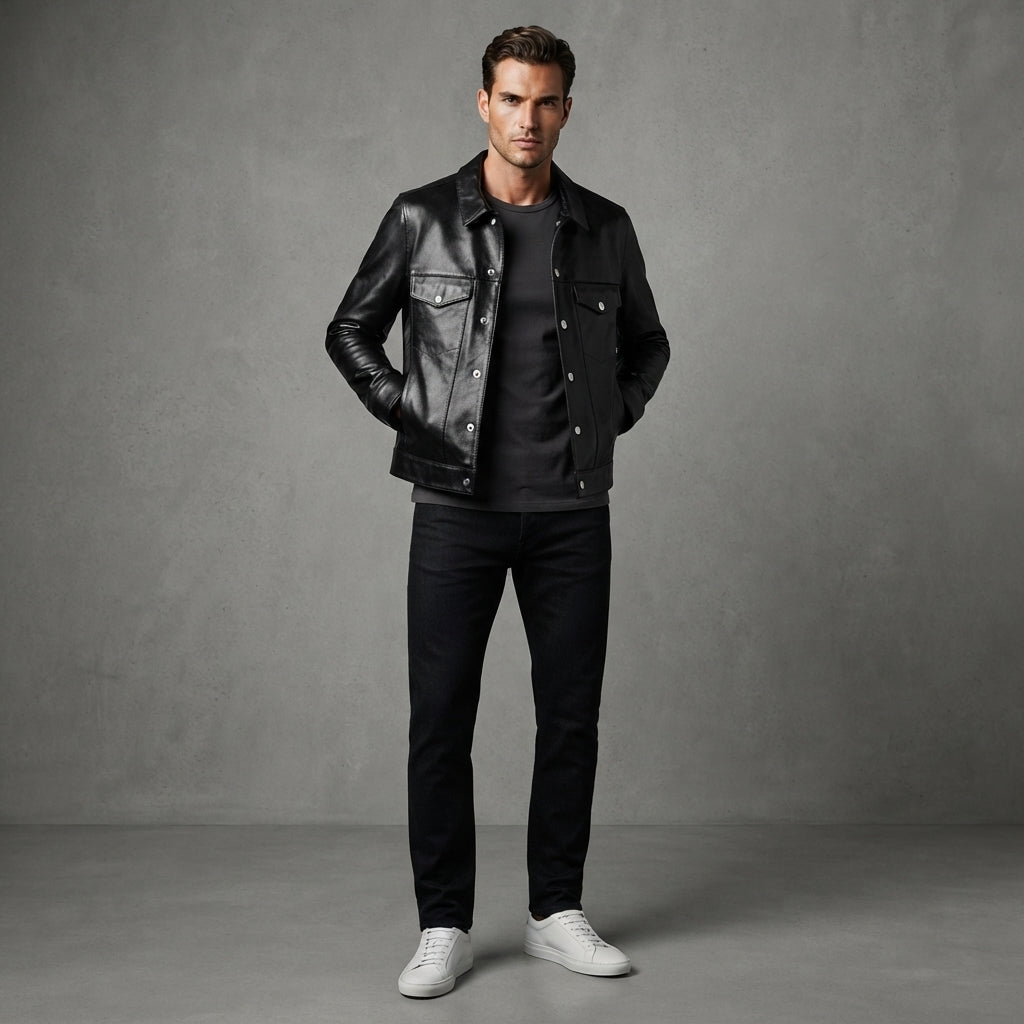 Men's Genuine Leather Button-Up Trucker Jacket