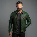 Men's Green Leather Biker Moto Trucker Jacket