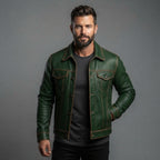 Men's Green Leather Biker Moto Trucker Jacket