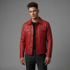 Men's Red Trucker Leather Jacket - Leather Outlet