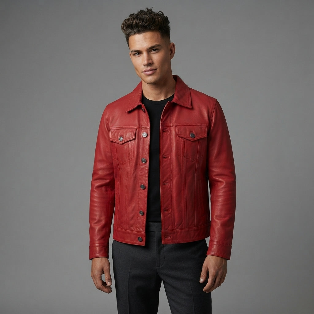 Men's Red Trucker Leather Jacket - Leather Outlet