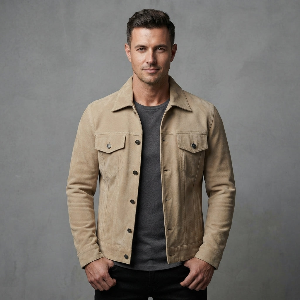 Men's Beige Leather Trucker Jacket - Leather Outlet