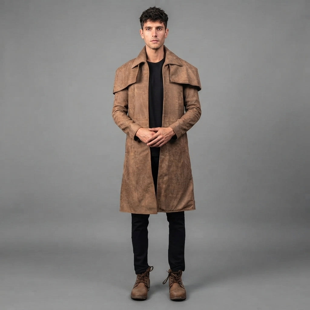 Men's Brown Leather Duster Coat Classic - Leather Outlet