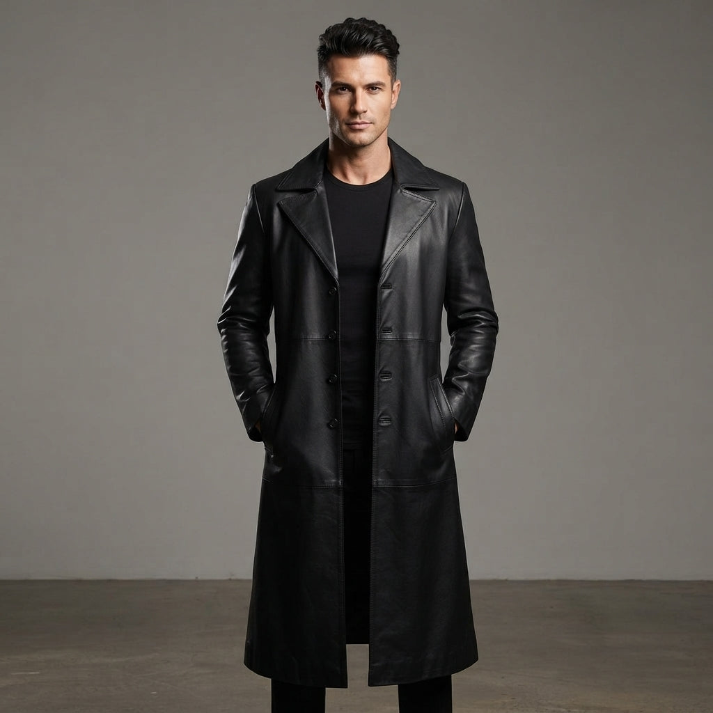Men's Pure Black Leather Duster Coat - Leather Outlet
