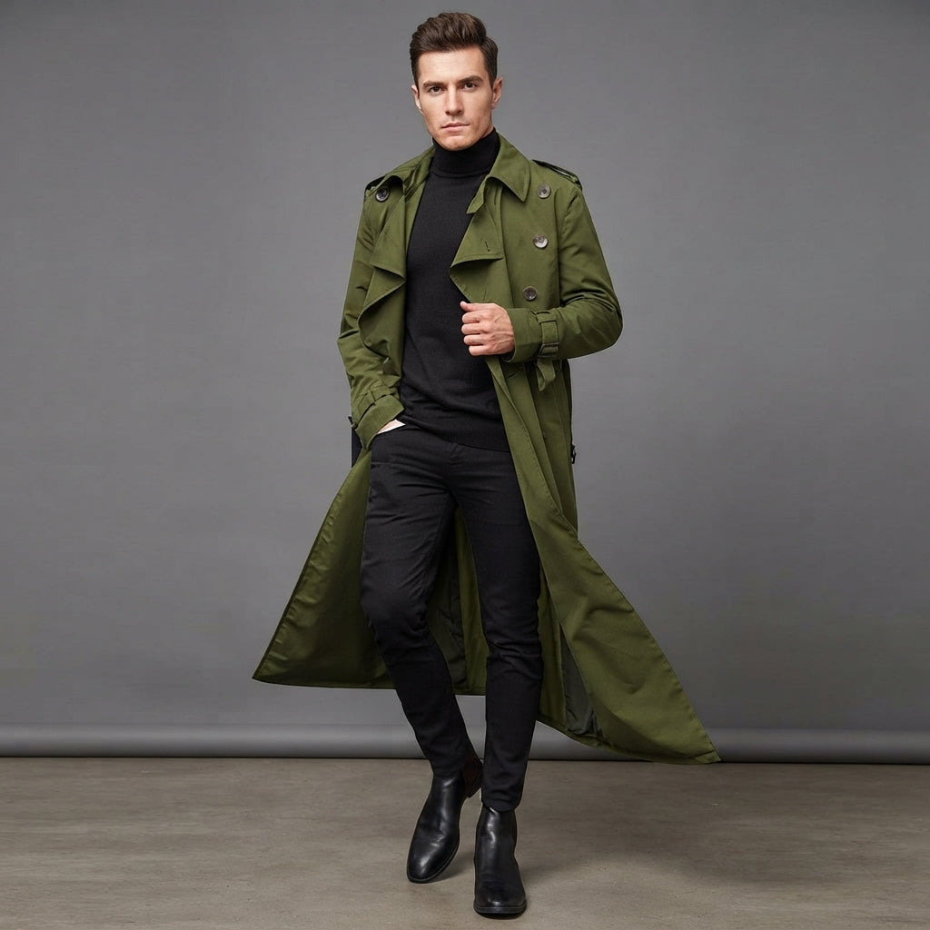 Men's Olive Green Leather Duster Coat - Leather Outlet