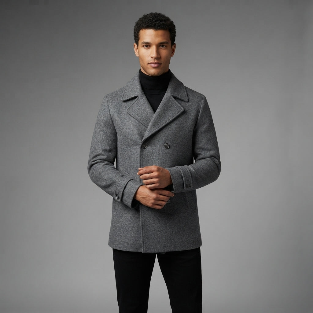 Men's Grey Leather Peacoat