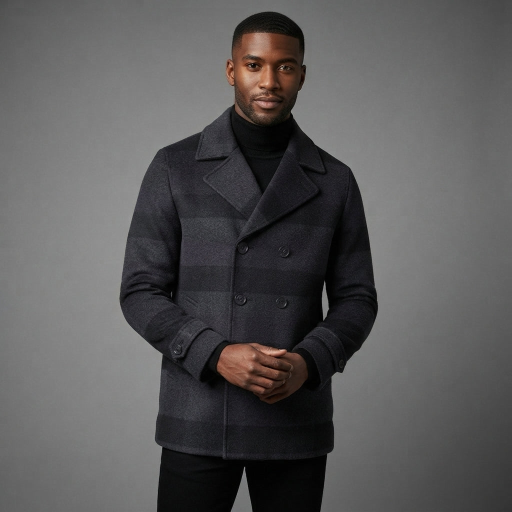 Men's Grey Black Leather Peacoat