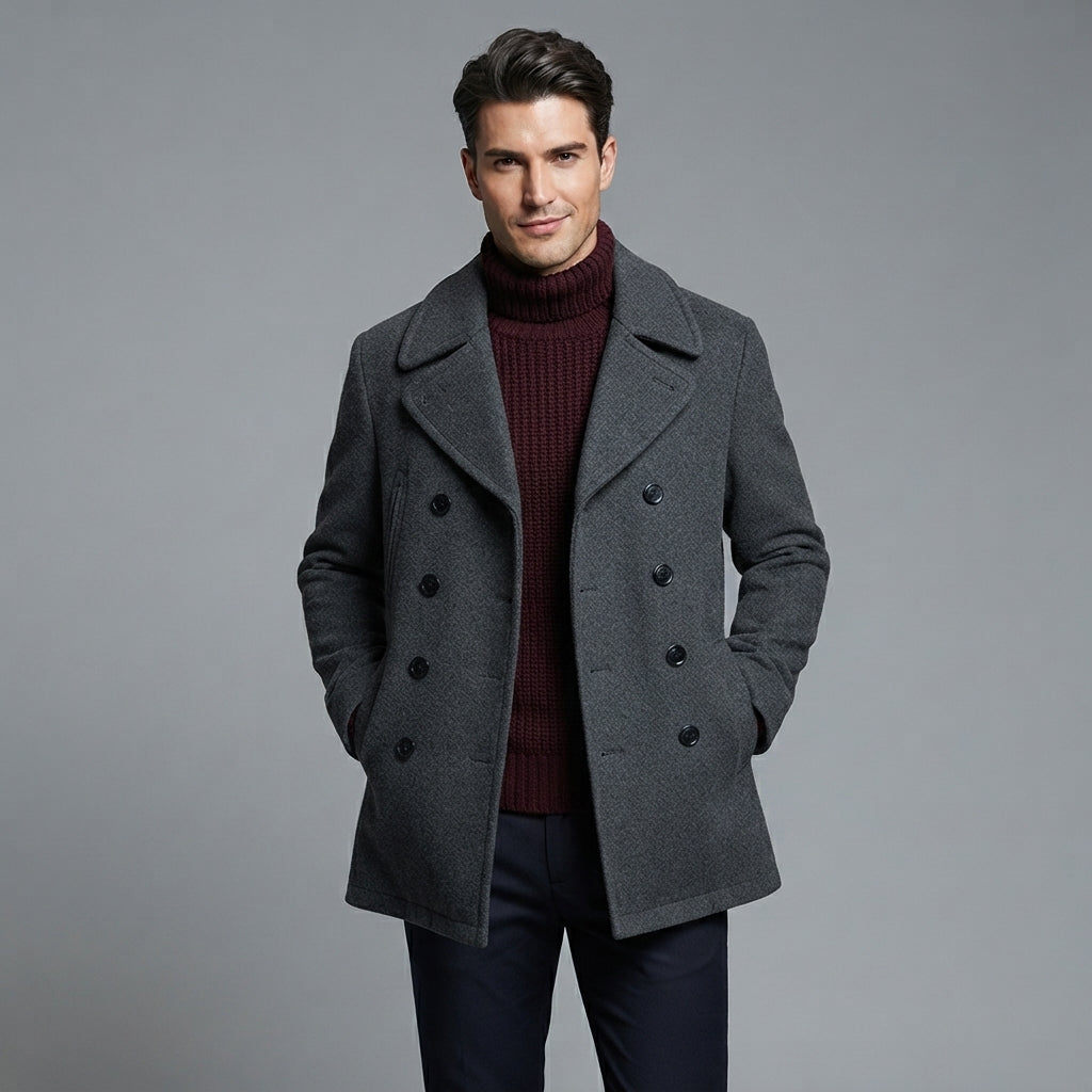 Men's Grey Leather Peacoat