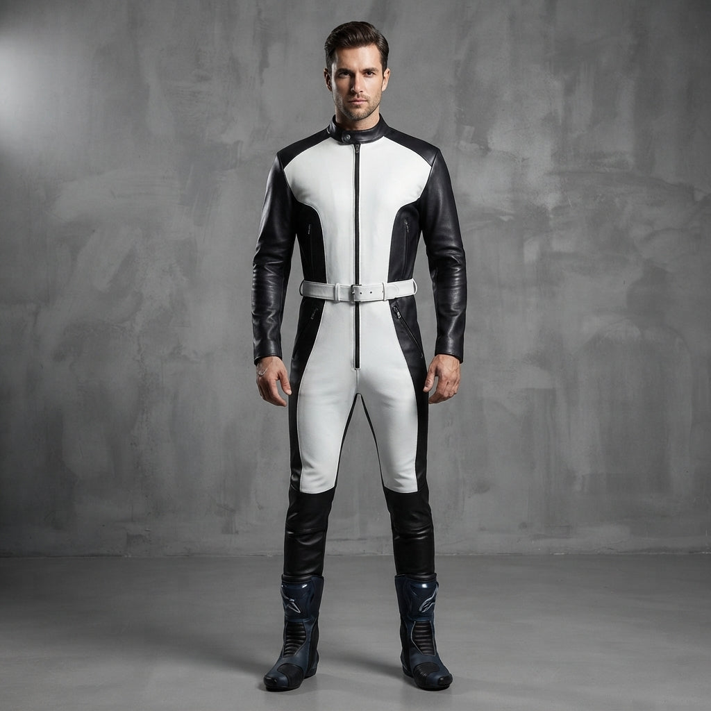 Men's Black & White Leather Jumpsuit - Leather Outlet
