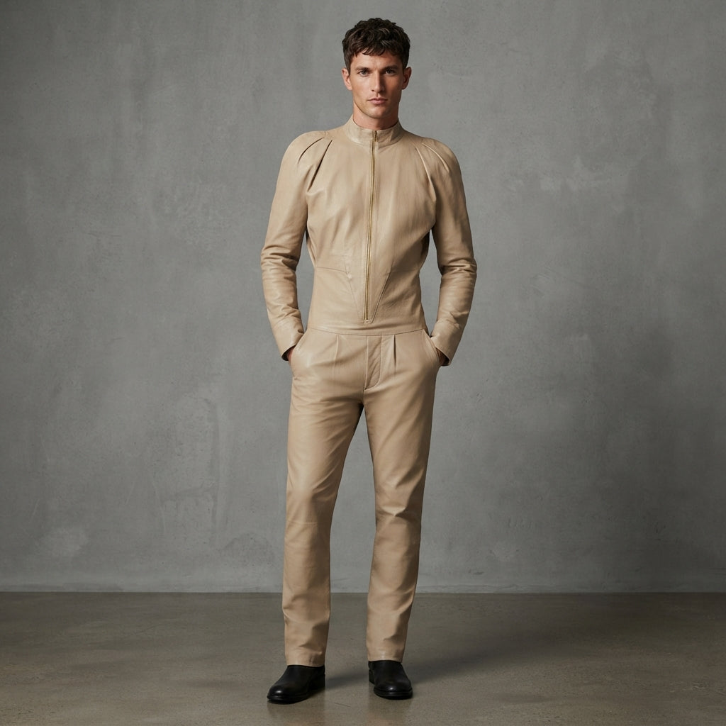 Men's Beige Leather Jumpsuit - Leather Outlet