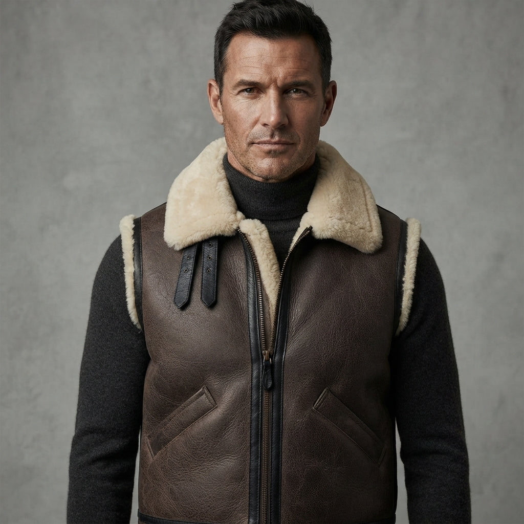 Men's Beige Brown  Shearling Leather Vest