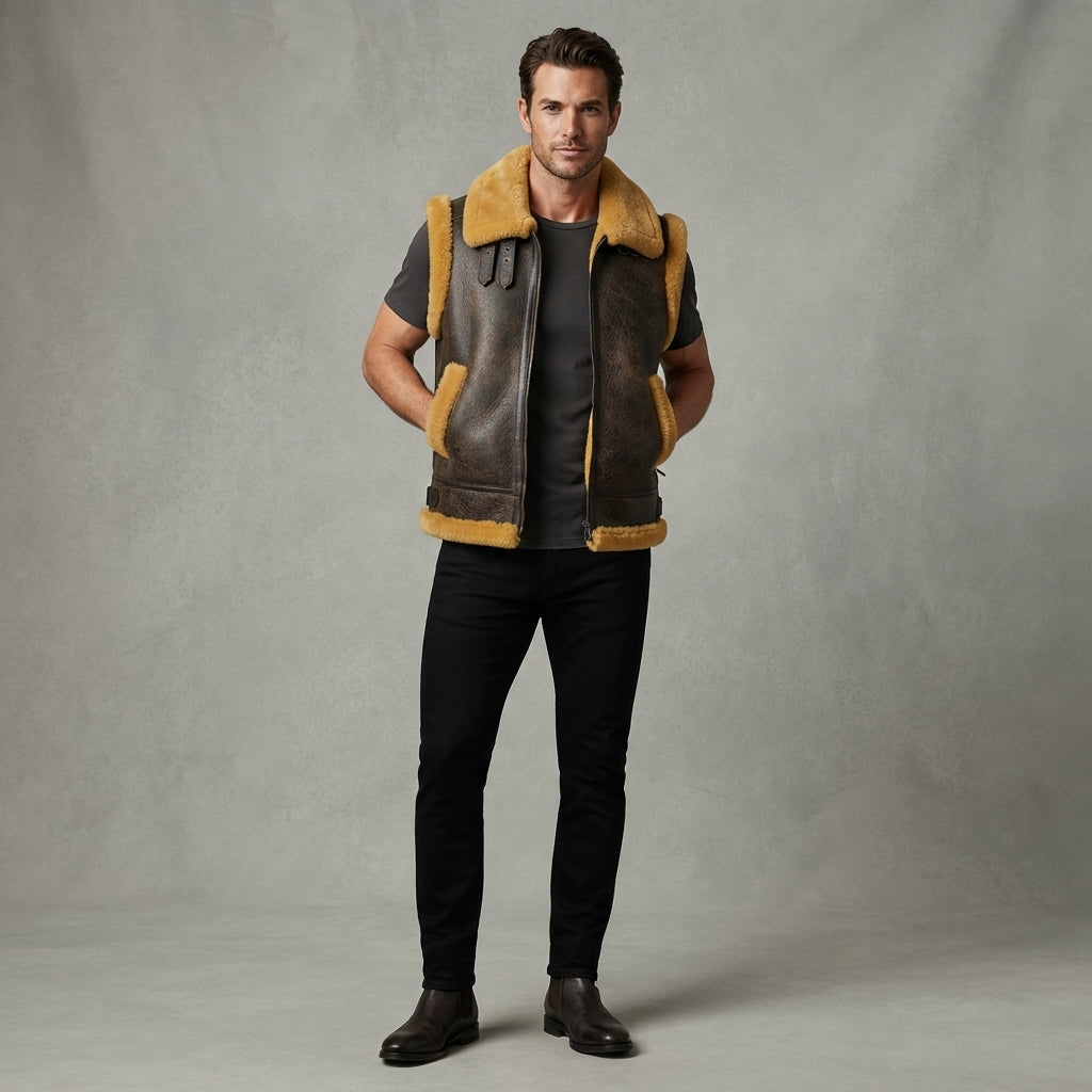 Men's Beige Brown  Shearling Leather Vest