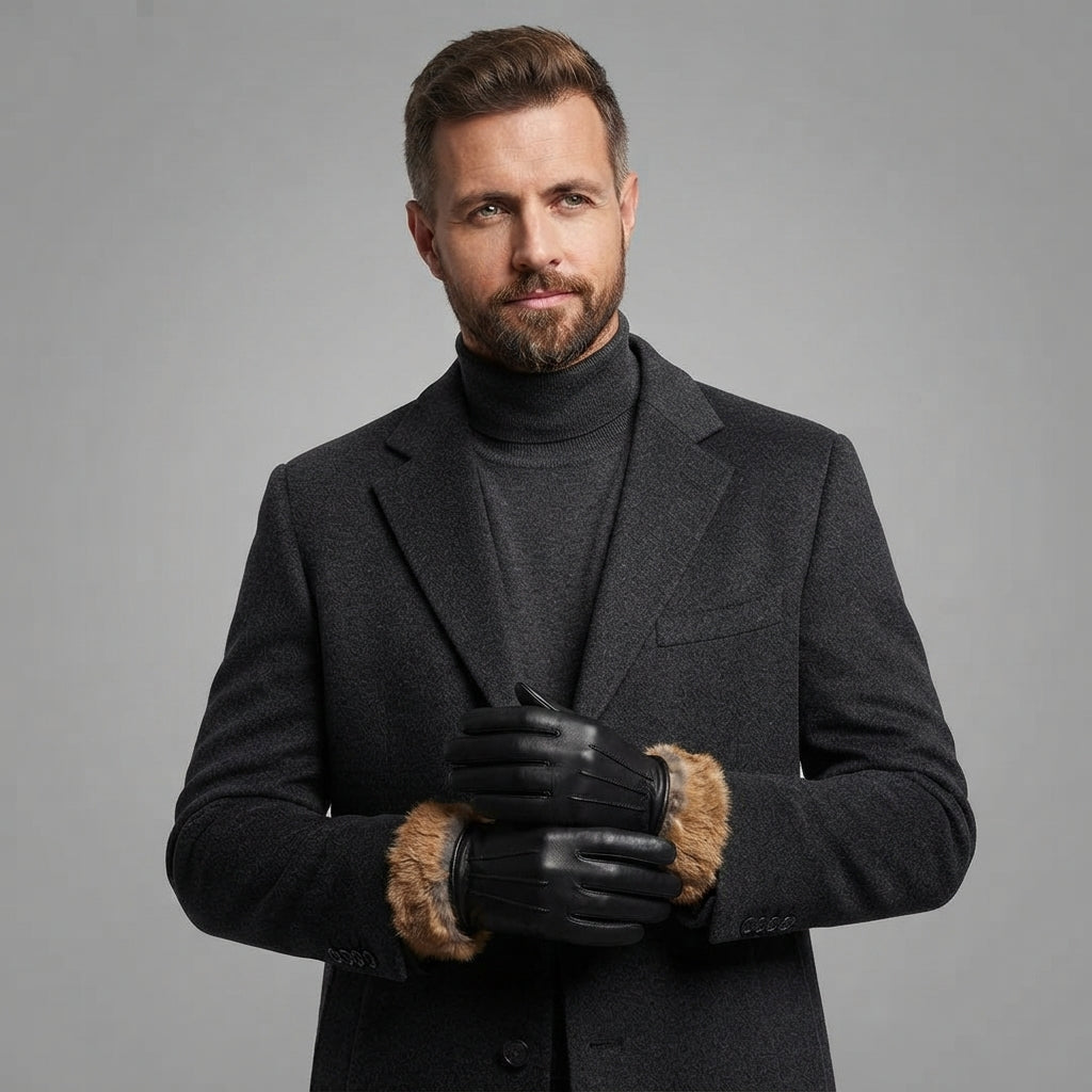 Men's Black Lambskin Leather Gloves with Brown Furr