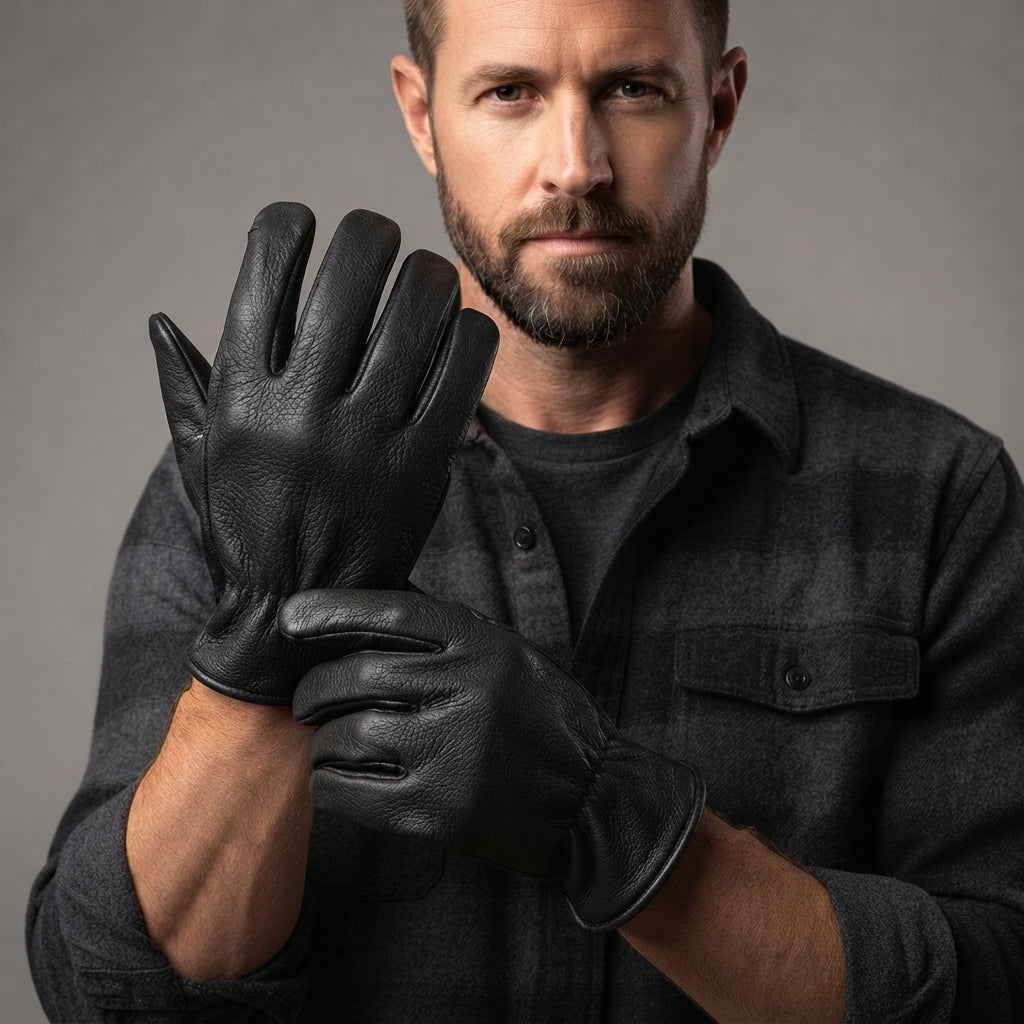 Men's Black Winter Leather Gloves - Leather Outlet