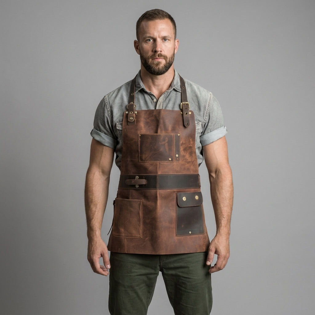 Distressed Brown Leather Hair Salon Apron - Leather Outlet