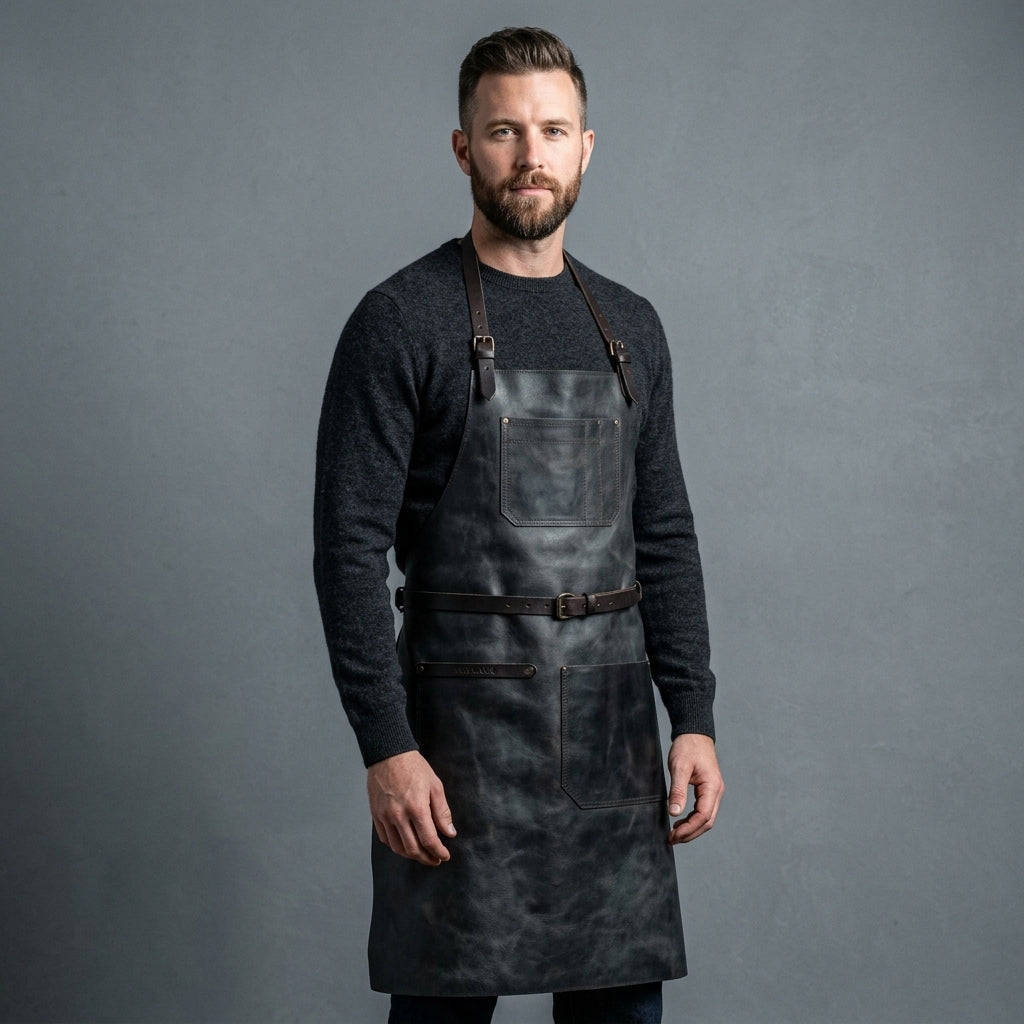 Men's Black Genuine Leather Work Apron - Leather Outlet