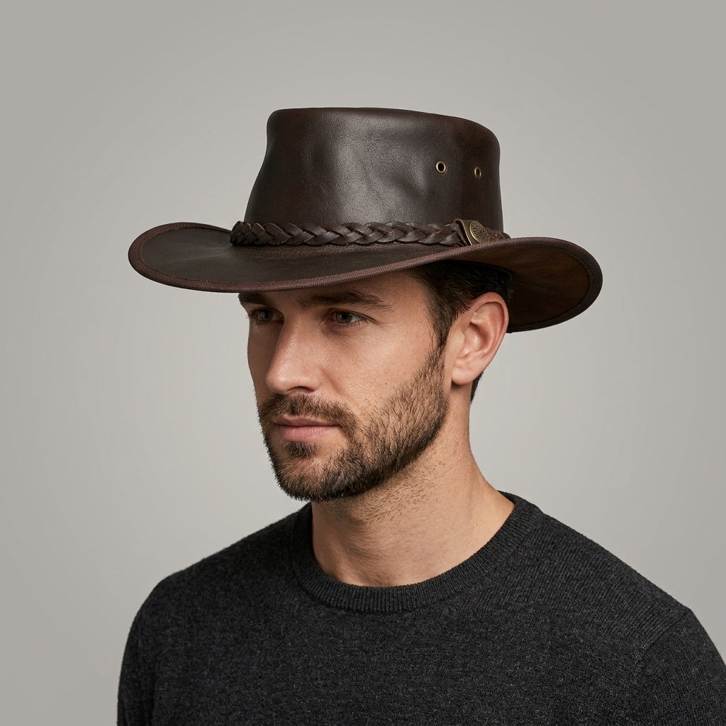 Men's Dark Brown Leather Hat - Leather Outlet