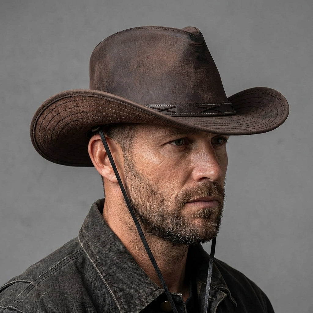 Men's Distressed Brown Leather Outback Hat - Leather Outlet