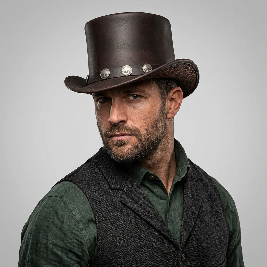 Men's Classic Leather Top Hat with Buffalo Nickel Band - Leather Outlet