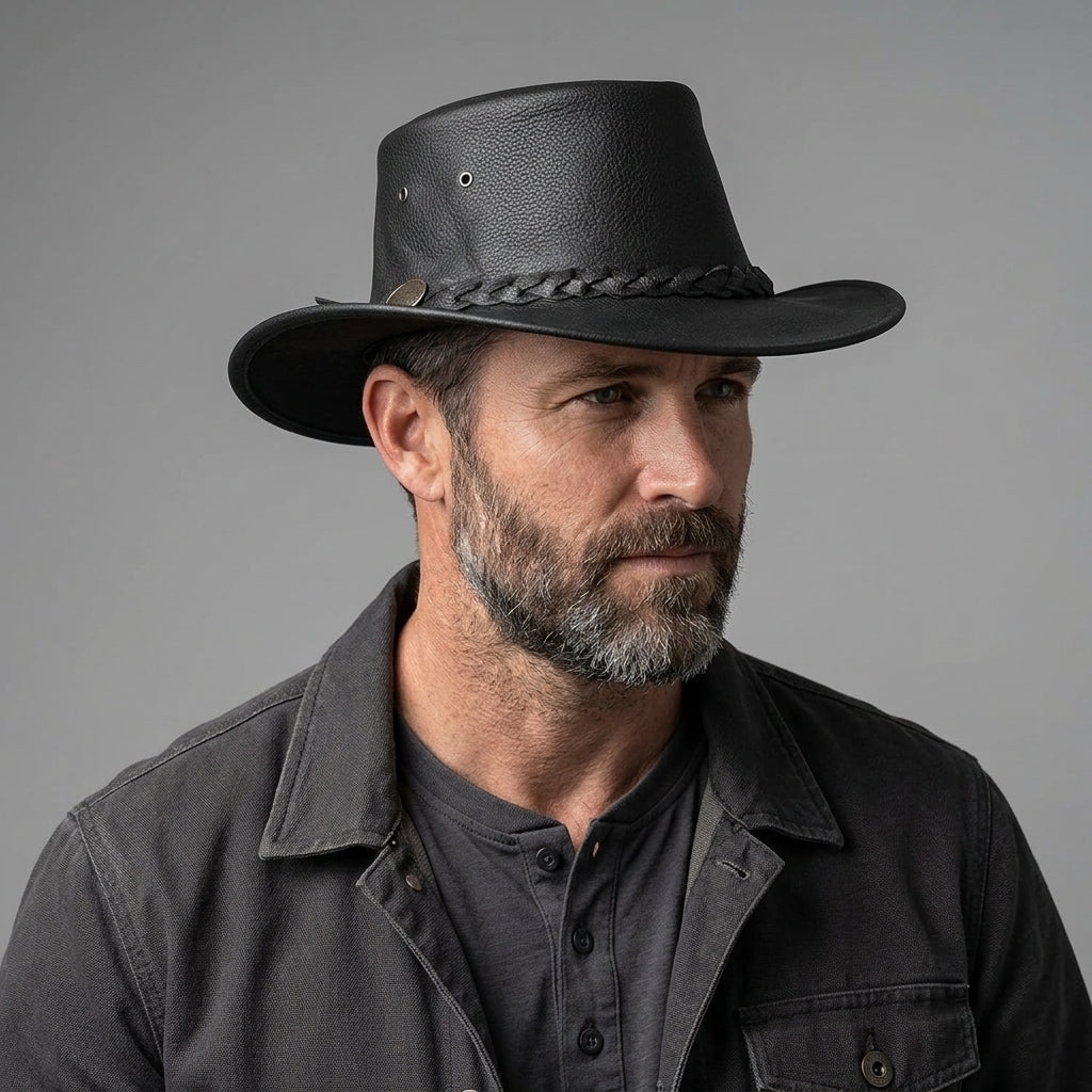 Men's Black Leather Hat - Leather Outlet