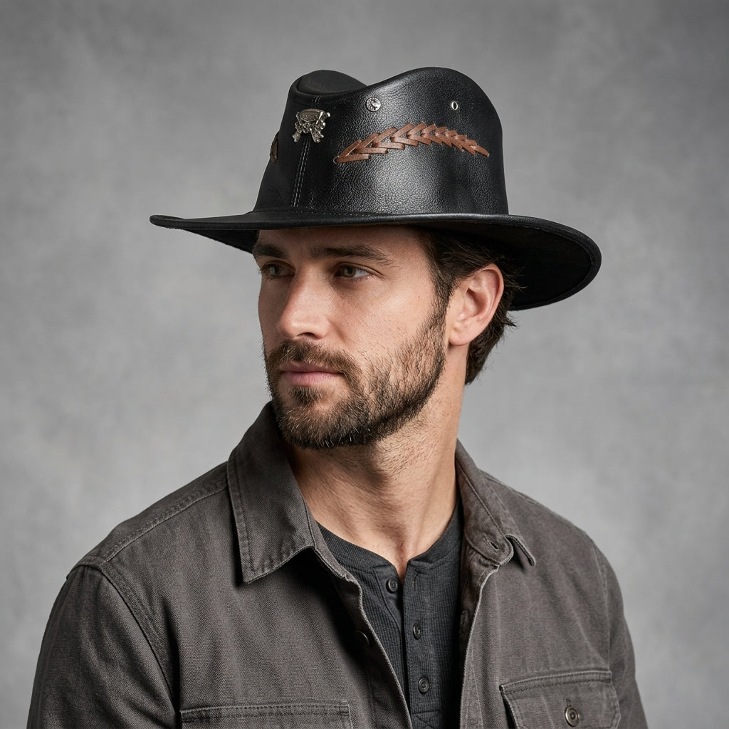 Men's Black Leather Outback Hat - Leather Outlet