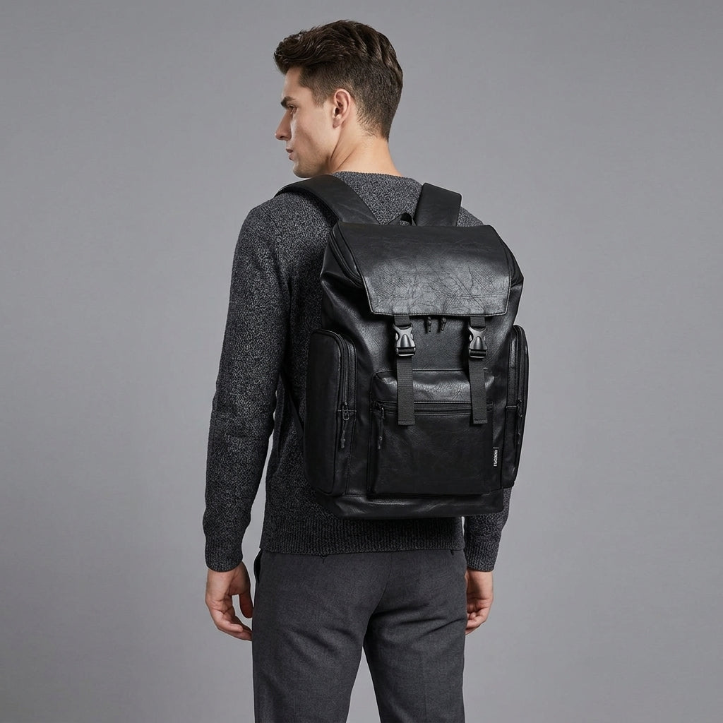 Black Walker Cow Leather Backpack