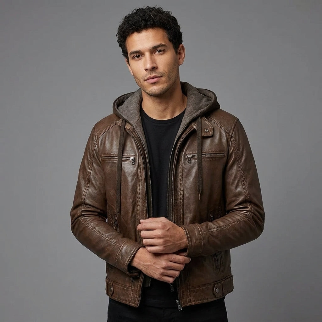 Hooded Brown Leather Jacket